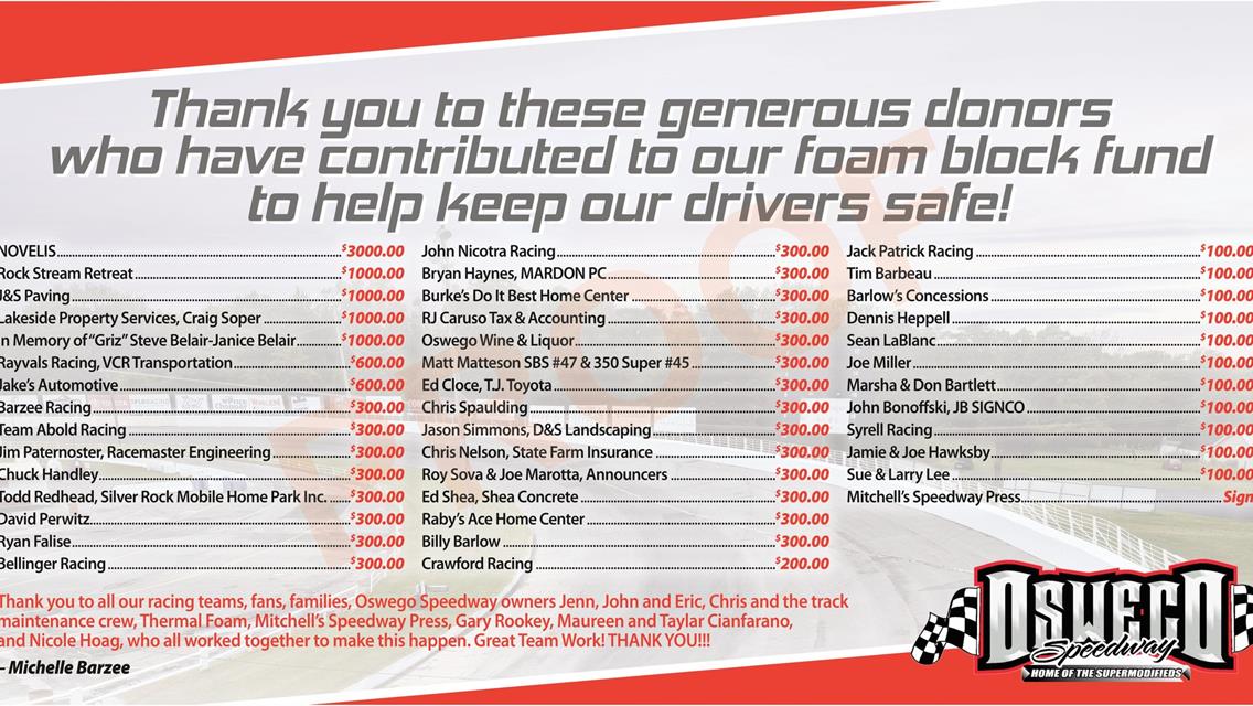 Thank You To Our Foam Block Donors!