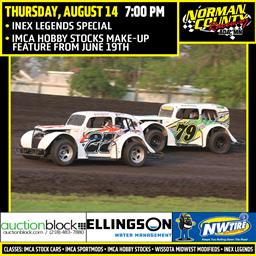 NEXT RACE: Thursday, August 14 - INEX Legends Special | IMCA Hobby Stocks make-up feature from June 19th