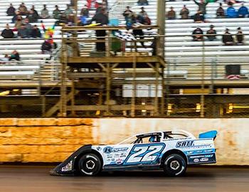Gregg Satterlee charged to the $10,000 Lucas Oil Late Model Dirt Series (LOLMDS) victory on Sunday evening at Port Royal (Pa.) Speedway. (Heath Lawson image)