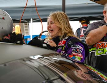 Mandy Chick in the garage area during the spring ARCA Menards Series race at Kansas Speedway. (Liz McFarland Photo)