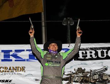 Tyler Erb piloted his Best Performance Motorsports No. 1 XR1 Rocket Chassis Super Late Model to the $5,000 victory on Friday night at FK Rod Ends Vado (N.M.) Speedway Park in Wild West Shootout competition. (Mike Ruefer image)