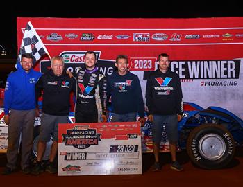 Hudson ONeal overcame mechanical issues to claim the Castrol FloRacing Night in America victory at Tri-County Speedway on Thursday, Oct. 12. (Josh James Artwork image)