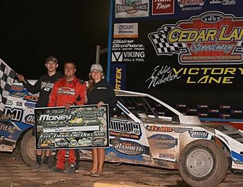 Rodney Sanders in Victory Lane at Cedar Lake Speedway (New Richmond, Wisconsin) on July 29 2023.