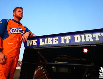 Matt Tifft with his car during the World of Outlaws CASE Construction Equipment Late Model Series Prairie Dirt Classic at Fairbury Speedway (Fairbury, IL) on July 27, 2024. (Josh James Artwork photo)