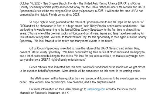 UARA RETURNS TO CITRUS COUNTY SPEEDWAY IN 2026