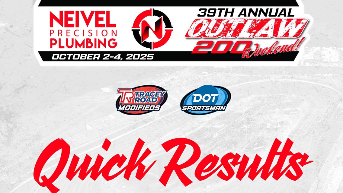 39th Neivel Precision Plumbing Outlaw 200 & Industrial Tire of CNY Sportsman Shootout Quick Results