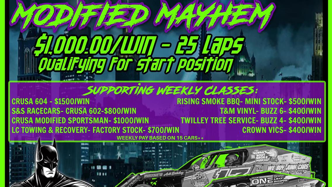 CRUSA Modified Mayhem Date Change - Tomorrow, Friday, May 10th